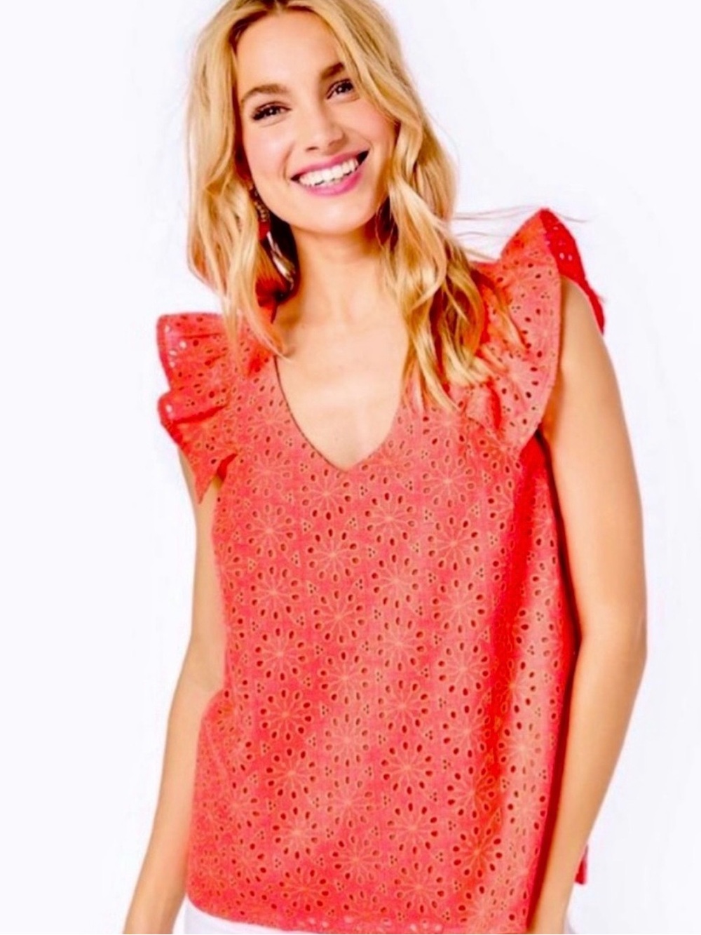 Lilly Pulitzer Eyelet Flutter Sleeve Top - in bright Coral. Size L. EUC